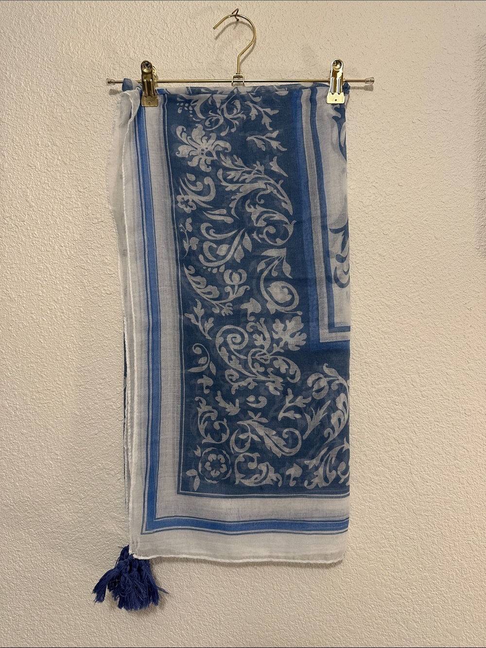 Huge Blue & White Floral Border Sheer Scarf with Tassels